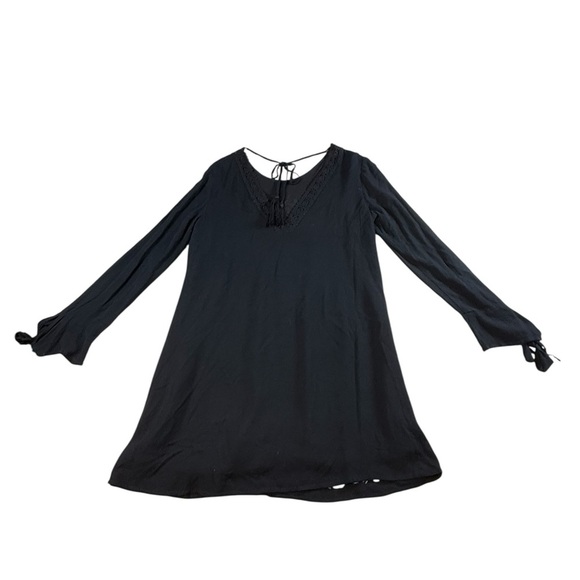 BAND OF GYPSIES Midi Boho Dress Small Black with Floral Crochet Flare Sleeves - Picture 5 of 5